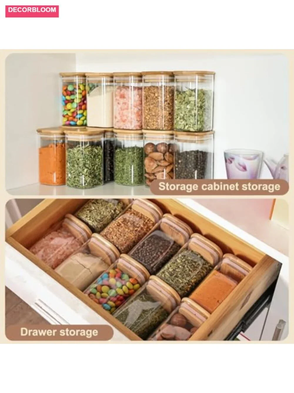 12-Pack 6oz Square Glass Spice Jars with Bamboo Lids and Labels